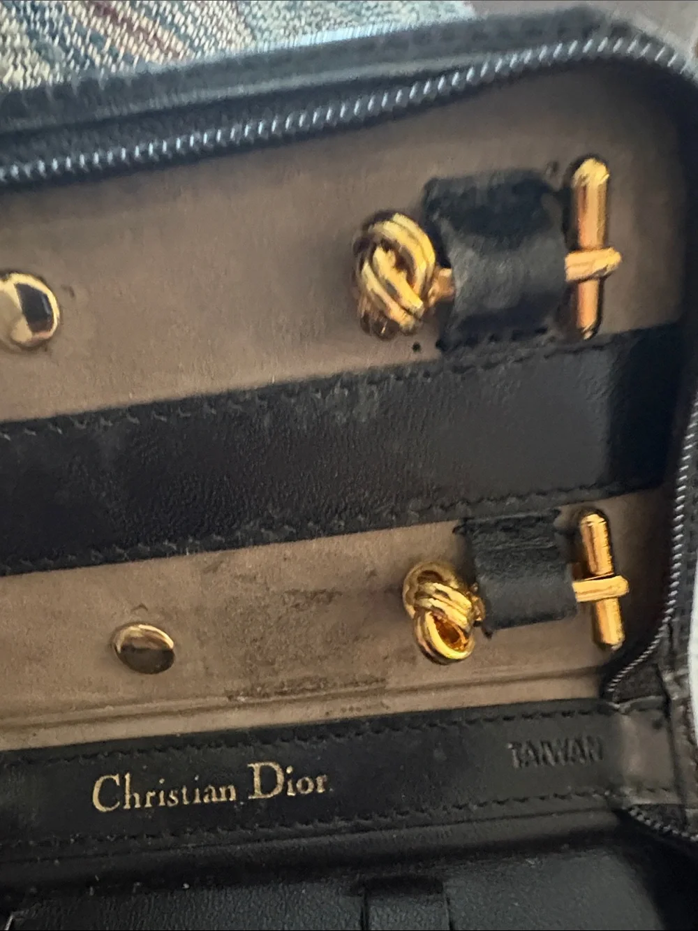 Dior Gold Knot T-Bar Cufflinks with Black Leather Accents